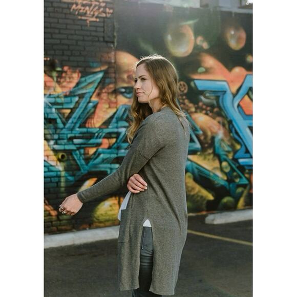 Velvet by Graham & Spencer Gray Lux Cotton Long Slit Cardigan Lighweight XS - Picture 3 of 9